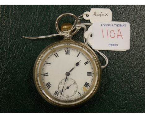 Rolex nickel case crown wind pocket watch, the lever movement signed ROLEX, the white enamel dial with Roman numerals and sub