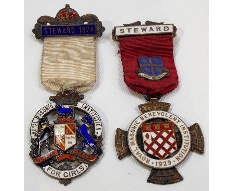 Silver gilt Steward Royal Masonic Benevolent Institution jewel dated 1929; together with a silver gilt and enamel Steward Roy