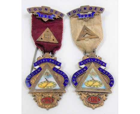 Two silver gilt and enamel Founder Masonic jewels for Meridian Royal Arch Chapter, no. 4106, both dated 1933.