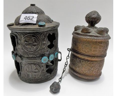 Buddhist stick copper prayer wheel; together with an incense burner with turquoise coloured cabochons (2).