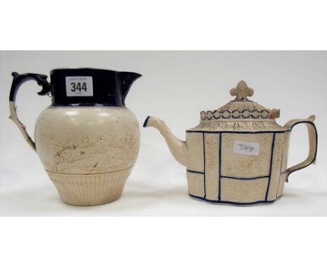 19th Century relief moulded pottery jug, white glazed, the ovoid body relief decorated with a hunting scene over basket mould