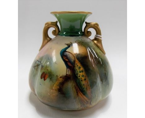 Royal Worcester small ovoid twin handled vase, painted with a Peacock upon branch within a landscape, signed A. Hood, printed