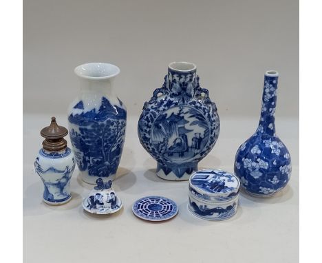 A collection of Chinese blue and white porcelain, to include a moon flask decorated with two panels of figures in a landscape