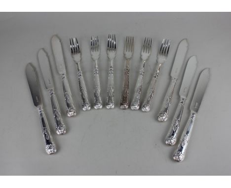 A set of six Victorian Kings pattern silver fish knives and forks with silver blades and filled handles maker William Hutton 
