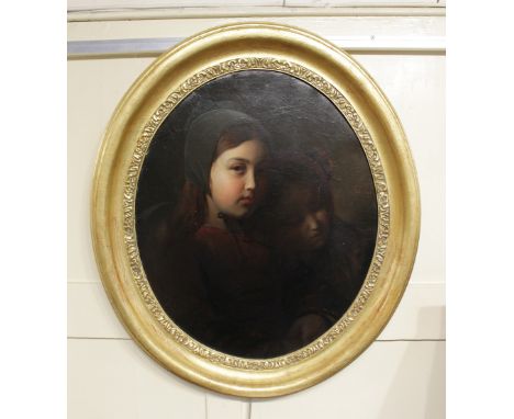 Adolphe-Felix Cals (French 1810-1880), an oval portrait of two young girls, oil on canvas, signed and dated 1840, 53cm by 44c
