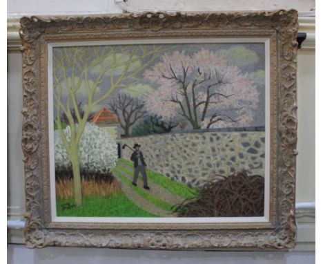 Louis Dussour (French 1905-1986), woodcutter carrying an axe though a walled garden, oil on canvas, signed, 49cm by 59cm