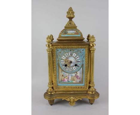 A 19th century ormolu mantle clock having eight-day French movement with Sevres style panels and dial, decorated with childre