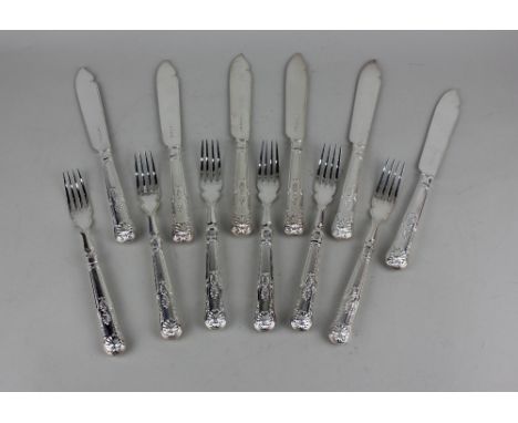 A set of six Victorian Kings pattern silver fish knives and forks with silver blades and filled handles  maker William Hutton