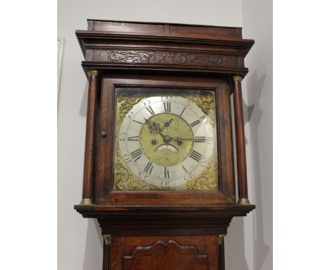 A George III crossbanded oak eight-day longcase clock by Thomas Brown of Baschurch, square hood with column supports, 210cm h