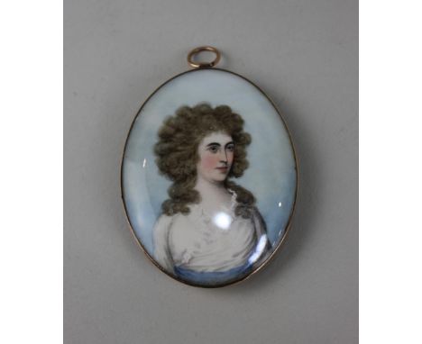 Late 18th / early 19th century school, oval portrait miniature of a lady wearing a white frilled dress and blue sash, in yell