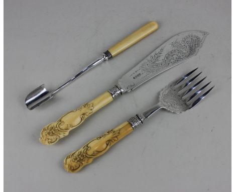 A pair of Victorian silver fish servers with scroll engraved blades and fork, maker James Deakin Sheffield 1897 together with