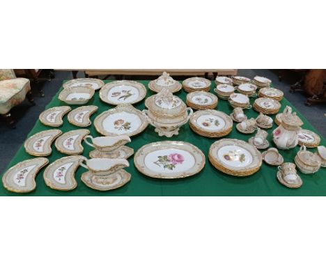 A large modern Spode bone china part tea, coffee and dinner service for twelve hand painted with various flowers within a gil