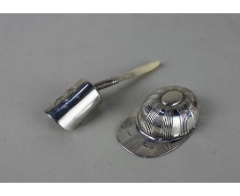 A Edward VII silver jockey cap caddy spoon maker William Neale Birmingham 1909 and a shovel shaped silver caddy spoon with en