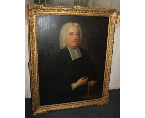 19th century school, portrait of a priest, oil on canvas, unsigned, 89cm by 69cm (a/f)