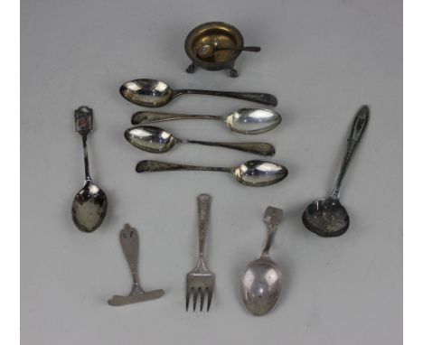 A Victorian silver salt cruet maker Robert Harper London 1872, four various George V silver Old English pattern teaspoons, a 
