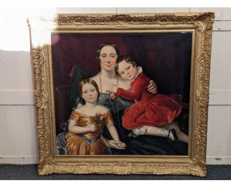 19th century school, portrait of a mother and two children, oil on canvas, unsigned, 93cm by 101cm