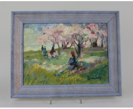 Ronald Ossory Dunlop RA (Irish/British, 1894-1973), figures amongst blossom trees, oil on board, signed, 19cm by 26cm (ARR)