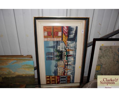 Modern oil on canvas, Parisian street scene; and a framed and glazed print of a seascape in decorative frame 
