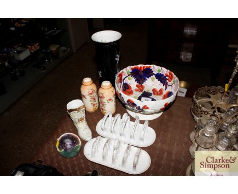 An Imari style pedestal bowl; a Caithness paperweight; two toast racks; Oriental pattern vase by Wood &amp; Sons etc. 