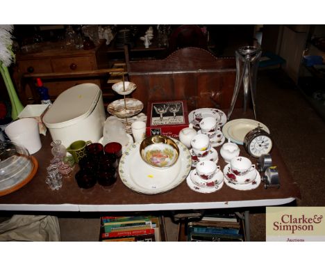 A quantity of various decorative china including teaware, a cake stand, a oval cream storage box, a compass on chrome stand, 