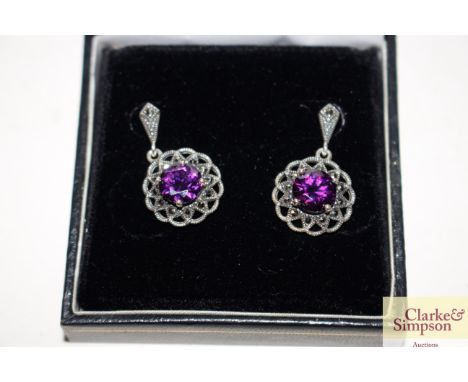 A pair of Sterling marcasite and amethyst ear-rings