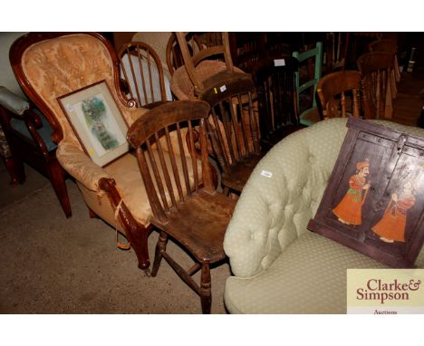 Three elm seated stick back kitchen chairs and two cane seated bedroom chairs 