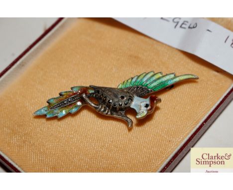 An 1896 London import Egeld silver and enamel parrot brooch