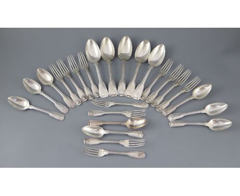Paul Storr - A set of eight George III silver double struck, fiddle, thread and shell pattern dessert spoons, six tablespoons