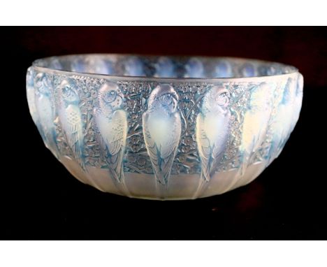 René Lalique. A pre-war opalescent glass Perruches pattern bowl, no.491, designed in 1931, etched mark R. LALIQUE FRANCE, 25c