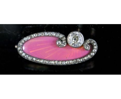 A late 19th/early 20th century Russian 56 zolotnik gold pink guilloche enamel and diamond set oval brooch, probably by August