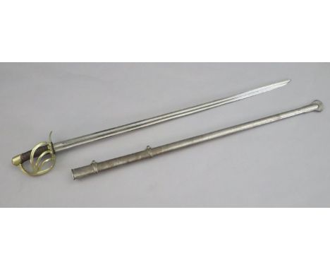 An French heavy cavalry sword, with brass basket hilt and steel scabbard, signed on the blade Manufrs Res du Klingenthal Mars