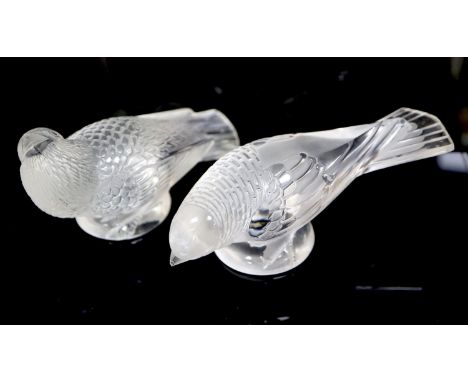 René Lalique. Two frosted glass bird paperweights, Chardonneret Moqueur and Timide, c.1931, each with etched mark R LALIQUE F