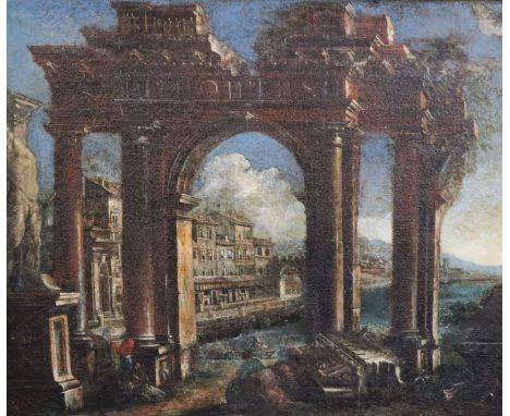 18th century Italian Schooloil on canvasArchitectural caprice with figures beside a ruined arch, houses beyond14.5 x 17.5in.C