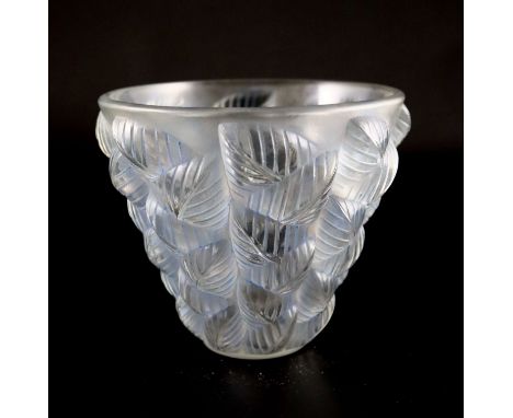 René Lalique. A pre-war Moissac pattern blue tinted frosted glass vase, no.992, designed in 1927, engraved mark R LALIQUE FRA