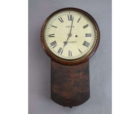 A 19th century mahogany drop dial railway wall clock, c.1840, enamelled Roman dial signed Joyce, Whitchurch, height 20in.COND