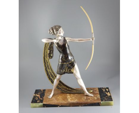 Lucien Gibert (1904-1988) - an Art Deco silvered spelter figure of a female archer, standing with ivorine bow, on a signed ma