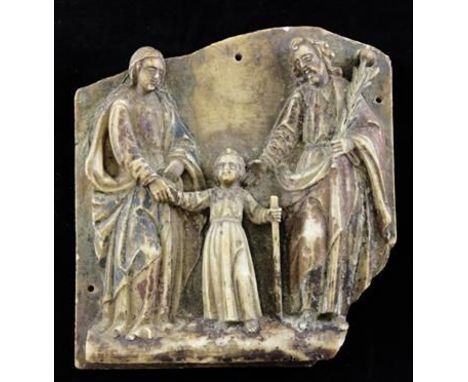 A 15th century Nottingham relief carved alabaster plaque of The Holy Family, The Virgin Mary and Joseph, holding an olive bra