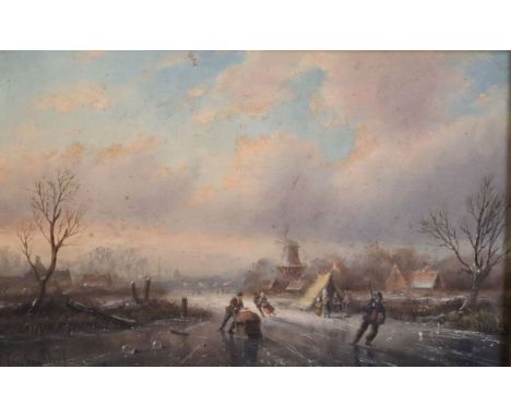 Jan Jacob Spohler (1837-1923)oil on wooden panelWinter landscape with figures on the icesigned6 x 9.25in.CONDITION: Oil on ol