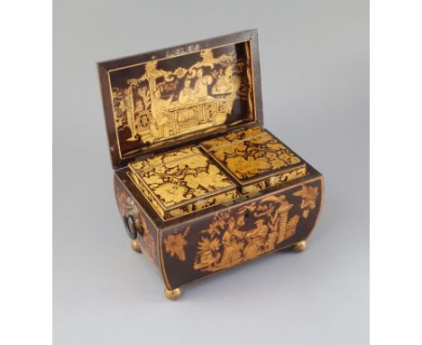 A Regency penwork tea caddy, of sarcophagus form, decorated with chinoiserie figures in gardens, the lid opening to reveal tw