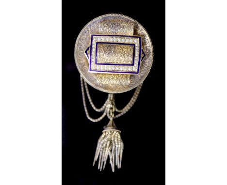 A Victorian gold (tests as 14ct), seed pearl and blue enamel tassel brooch with central buckle motif and a pair of matching e