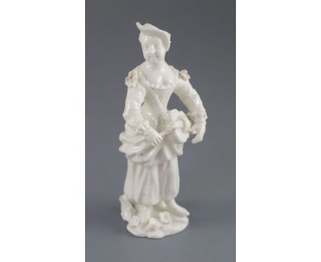 A rare French porcelain figure of a lady playing the Hurdy Gurdy, probably Orleans, c.1756-58, unmarked, ex Klaber &amp; Klab