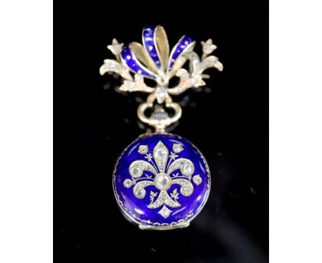 An early to mid 20th century LeCoultre &amp; Co 18k, blue enamel and rose cut diamond set hunter fob watch and similar brooch