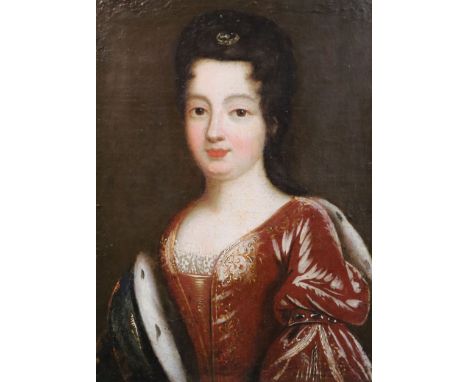 Late 17th century English Schooloil on canvasPortrait of a lady with brooch in her hair and ermine trimmed robes15.5 x 11.5in