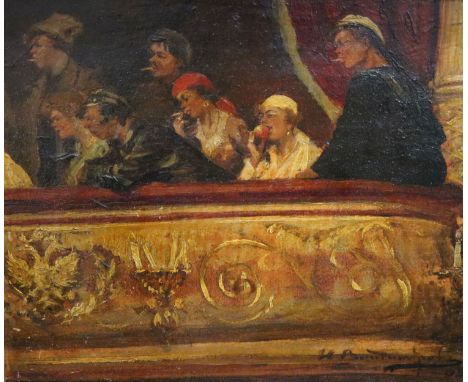 Russian School c.1920two oils on cardTheatre scene with smoker's watching from a box, and a restaurant scene with diners quer