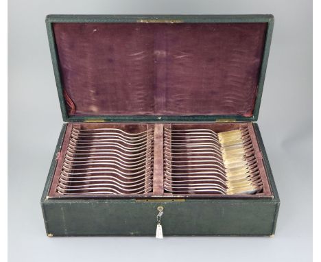 A 19th century Austrian 13 loth (.812 standard silver) service of fiddle and thread pattern flatware, in brass mounted fitted