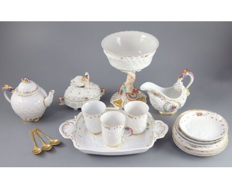 A group of modern Meissen copies of the Swan service, post-war, comprising a Triton stemmed bowl, 23.5cm, a dolphin handled s