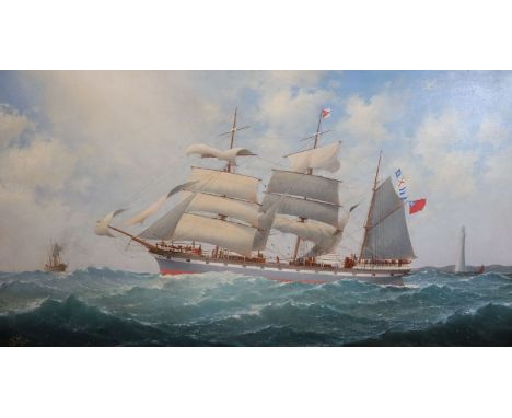 Charles Keith Miller (1836-1907)oil on canvasPortrait of a three master passing a lighthouseinitialled and dated 189823.5 x 4