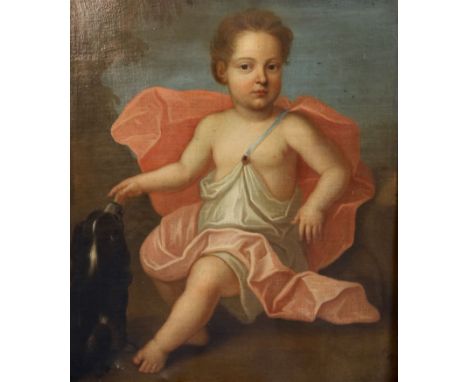 Late 18th Century English Schooloil on canvasFull length portrait of a child wearing classical robes seated beside a spaniel2