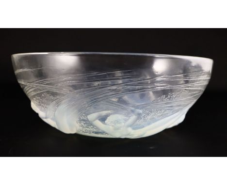 René Lalique. A pre-war opalescent glass Ondines pattern bowl, no.380, designed in 1921, moulded mark R. LALIQUE, 21cm diamet