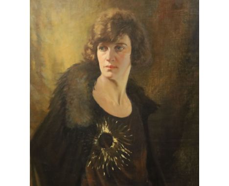 Attributed to Kenneth Center (1903-)oil on canvasPortrait of a Lady wearing a fur collared coat, resemblance to Georgette Hey